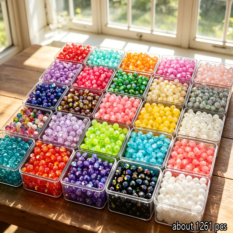TEMU 1261 piezas de cuentas octogonales acrílicas de 6 mm en 25 colores, color AB transparente, cuentas de hilo facetadas para manualidades DIY,