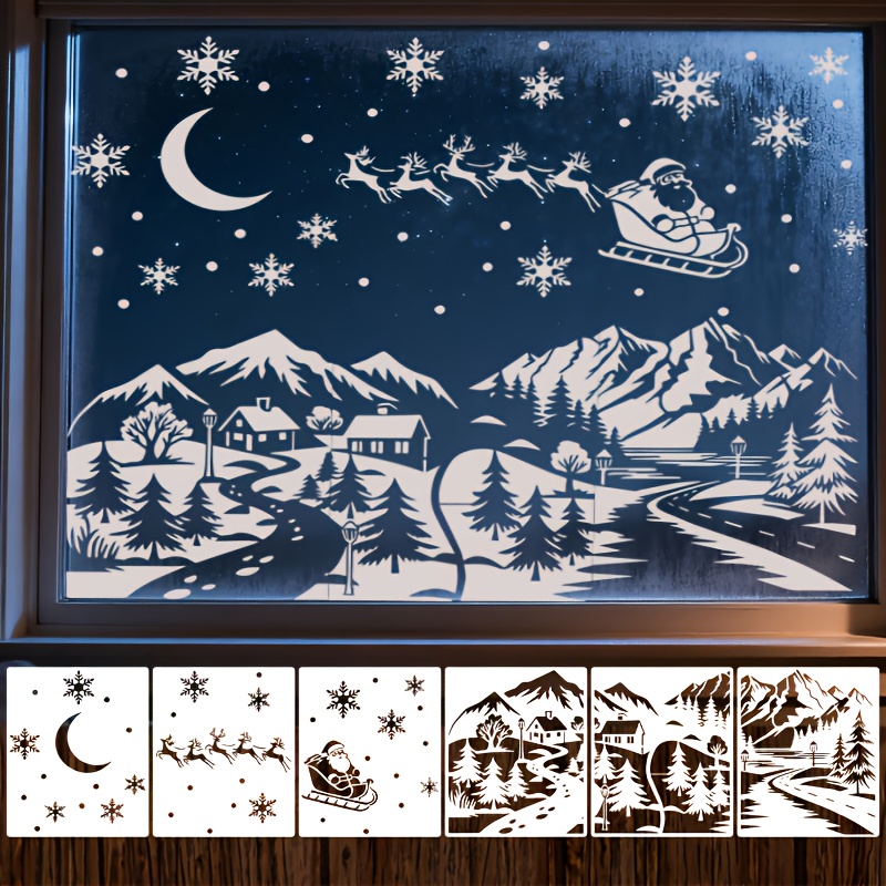TEMU 6pcs Large Christmas Templates - Christmas Window Flower Stencils, Winter Christmas Forest Snowflake Falling, . Reindeer. Santa Claus. Reusable