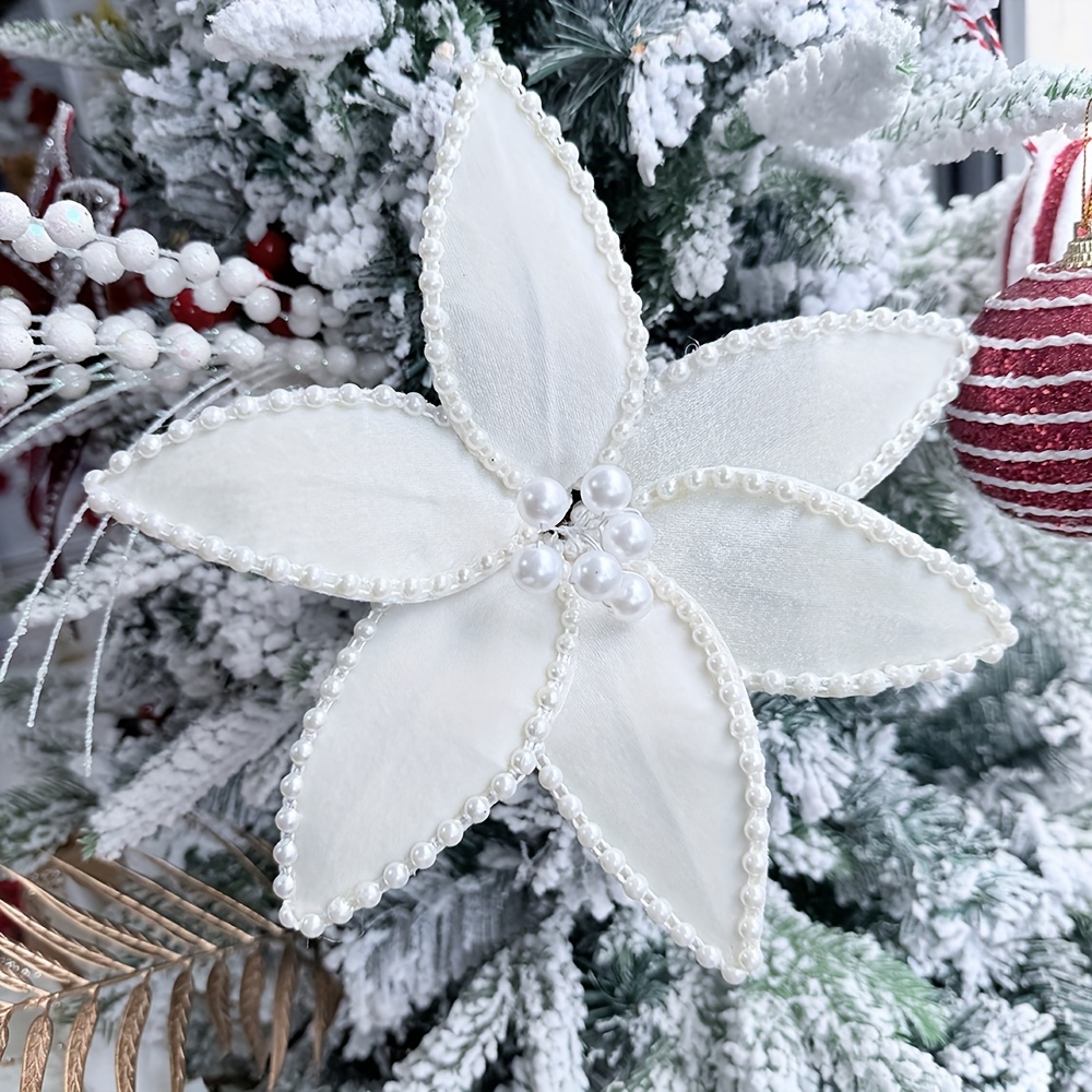 TEMU 5 árboles artificiales de Poinsettia KELZERO con perlas realistas y gruesas - Decoración colgante de árbol de Navidad en tela, ideal para