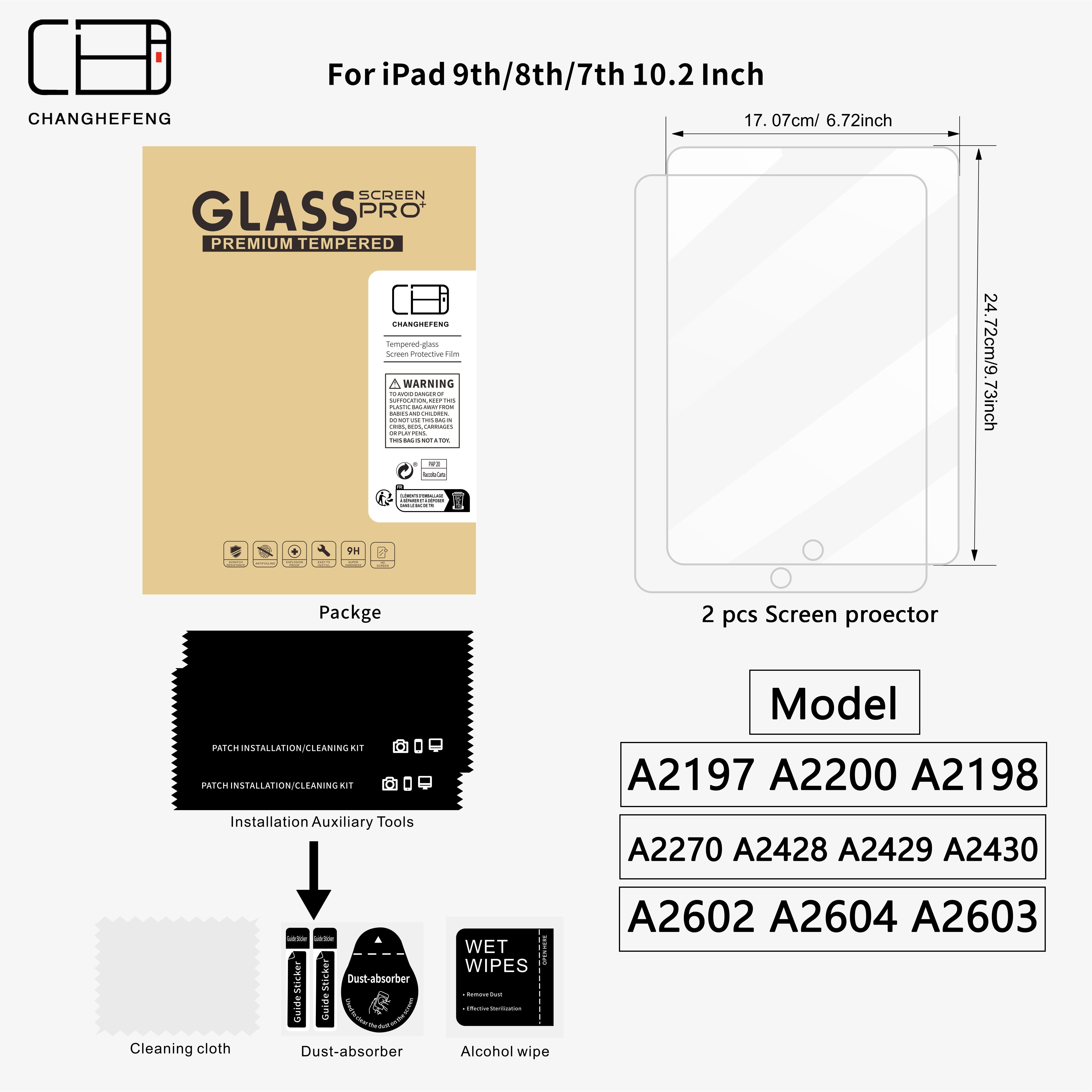 This Is a Pack of 2 Tempered Glass Screen Protectors for Ipad Models Including The 11Th, 10Th, 9Th, 8Th, 7Th, 6Th, 5Th, Air 7, Air 6, Air 5, Air 4, Air 3, Mini 7, Mini 6, Mini 5, And Mini 4 (2018/2020/2019/2020/2022/2023/2024/2025) Pro/Air (7.9/8.3/9.7/10.2/10.5/10.9/11) Inches, Offering Scratch Resistance, 9H Hardness, And High Definition Clarity.