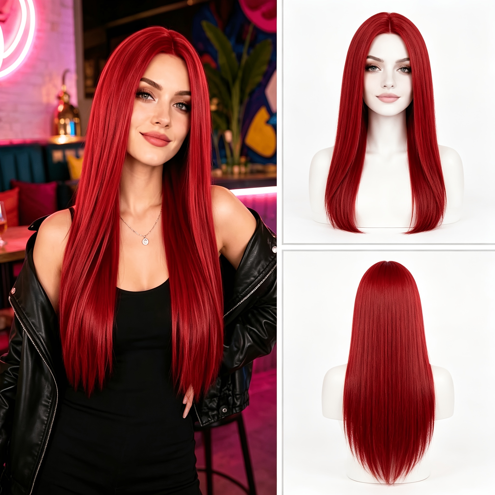 TEMU Women's Red Long Straight Wig, 26 Inches / 65cm Middle Part Synthetic Fiber Wig, Smooth And Hair Strands, Suitable For Daily Wear, Role Play,