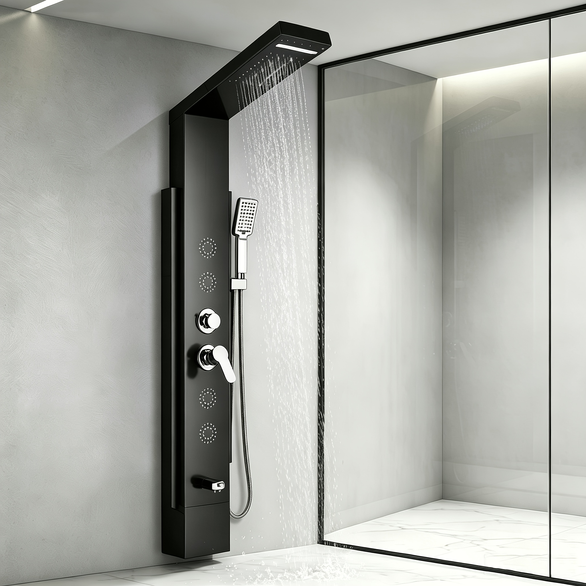 Image of Stainless Steel 5-function Waterfallrain Shower Panel With/massage Suit Tub Spout With/handshower Shower Column-brushed Nickle, Black