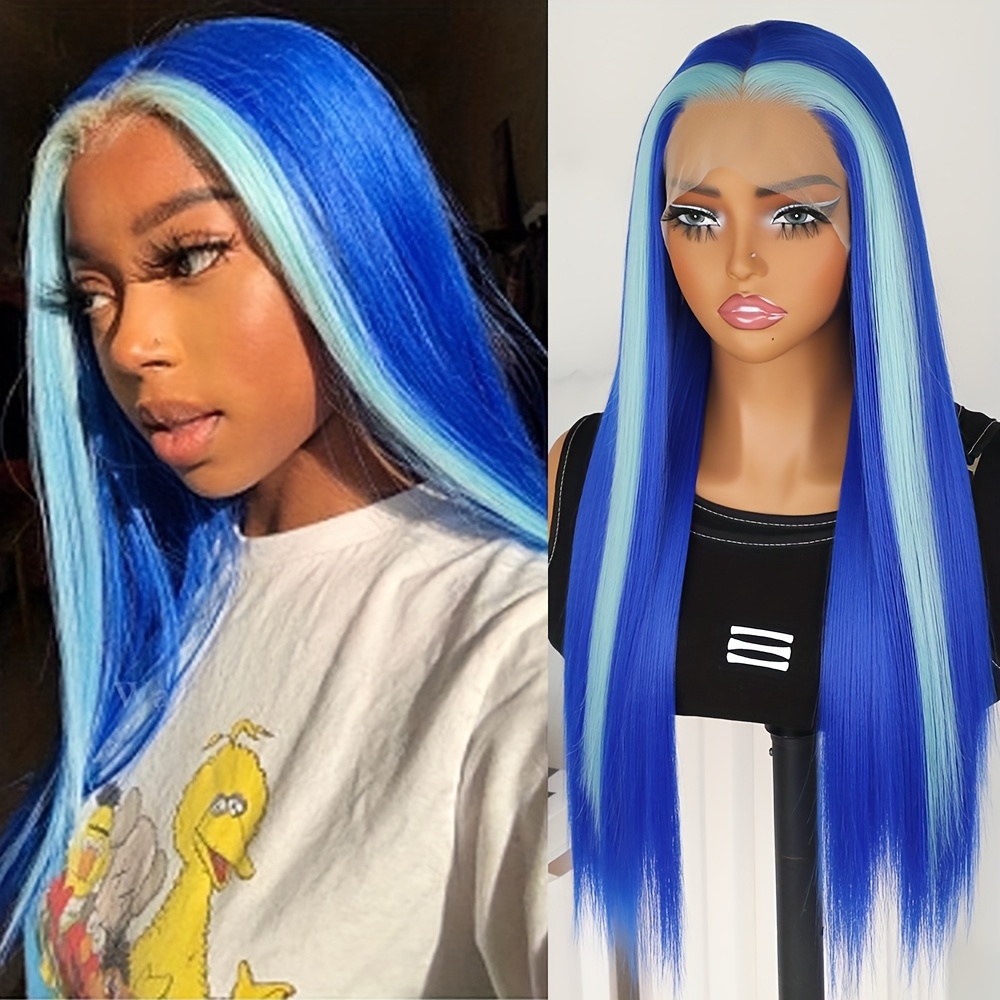 Skunk Stripe Blue Color Long Straight Hair 13x4 Synthetic Lace Front Wigs  For Fashion Women Light Blue Hair Highlights Colored Wig Heat Resistant