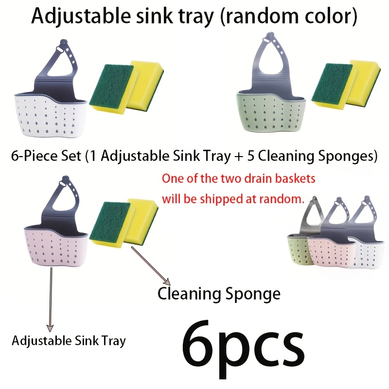 6pcs Set (1pc Adjustable Sink Tray And 5pcs Random Color Cleaning Sponges) Multifunctional Kitchen Storage Rack, Suitable For Sponges And Other Items, No Battery Required