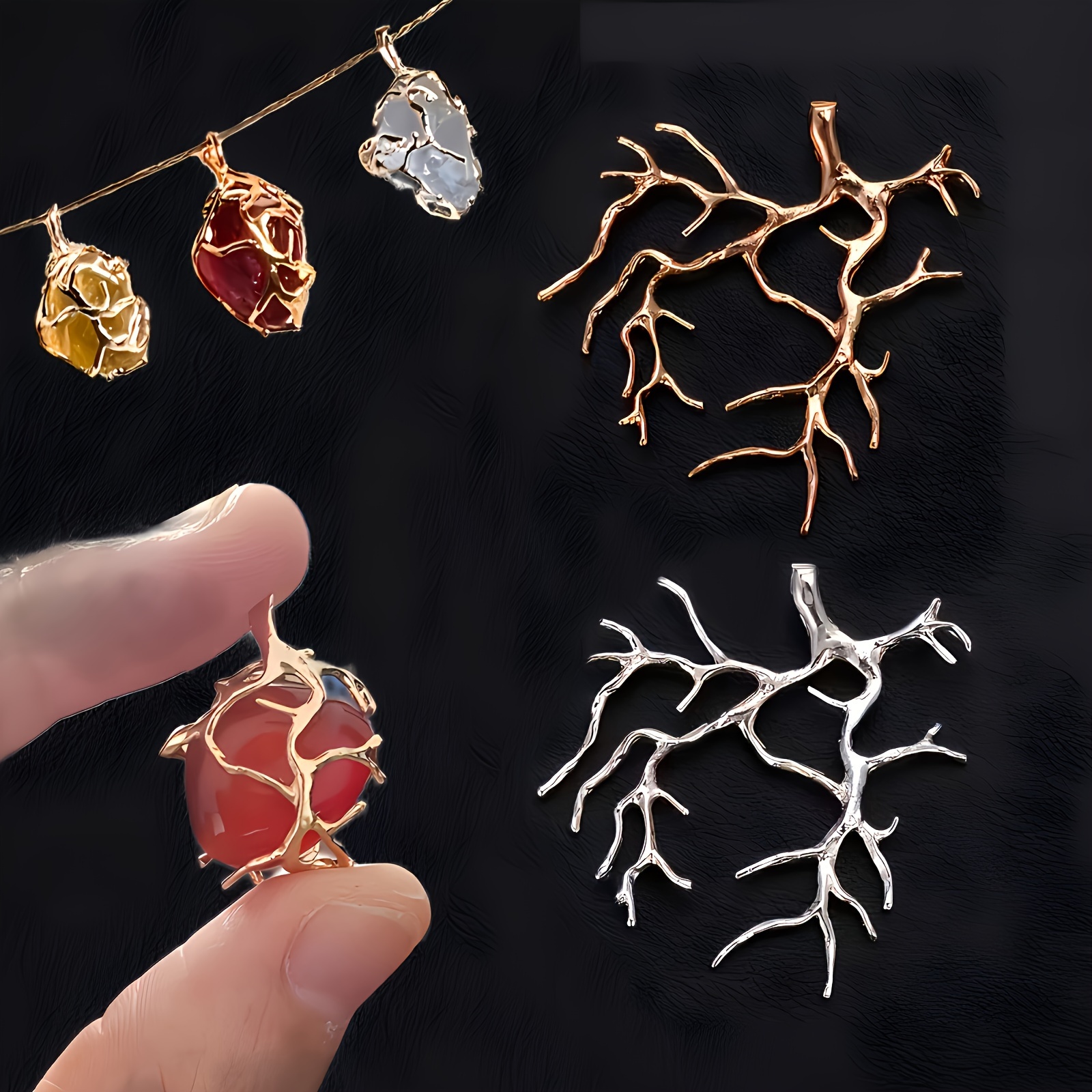 

6pcs Tree Branch Design Pendant Frames Set, Unisex Diy Jewelry Making Supplies, 3 Golden & 3 Silver Copper Crystal Charm Mountings For Necklace Crafting, Artistic Beading Accessories