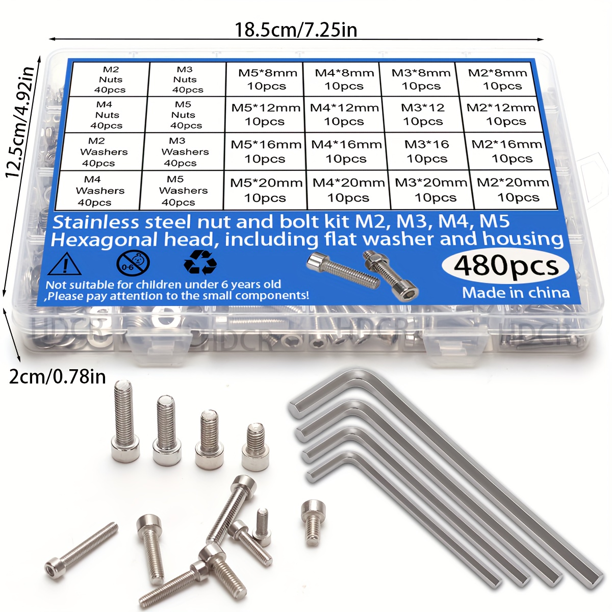 Juego de 480 piezas de tornillos y tuercas hexagonales de acero inoxidable - M2, M3, M4, M5, cabeza hexagonal - Incluye llave de fregona plana