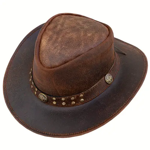 leather cowboy hat for men women western australian style with wide brim brass studs lightweight leather high quality uv protection adjustable chin cord festival accessory decorative studs durable stitching unisex headwear festival outdoor headwear handcrafted headwear