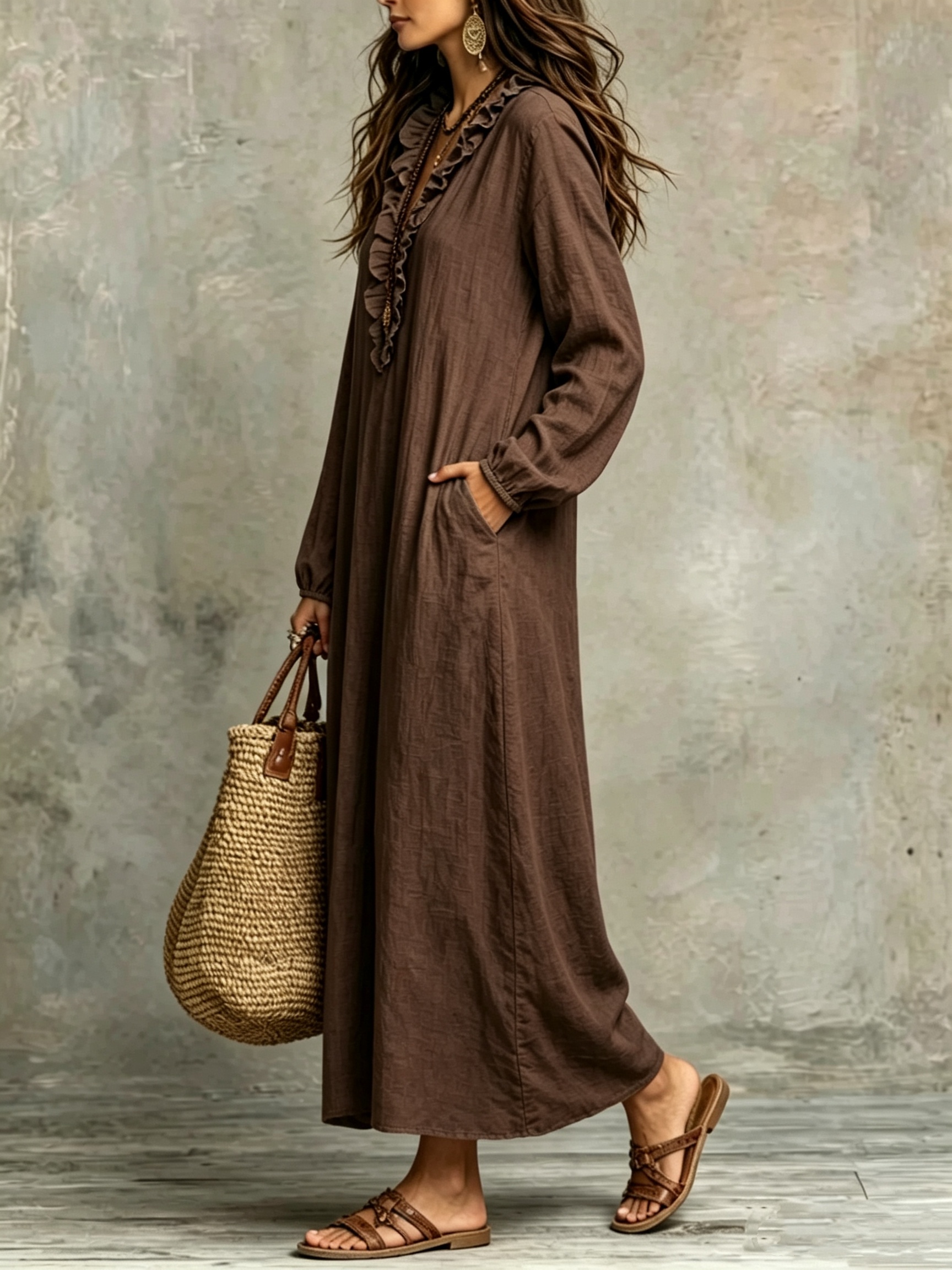 loose fitting flowy dresses womens bohemian line maxi dress flutter sleeves v neck Zipper