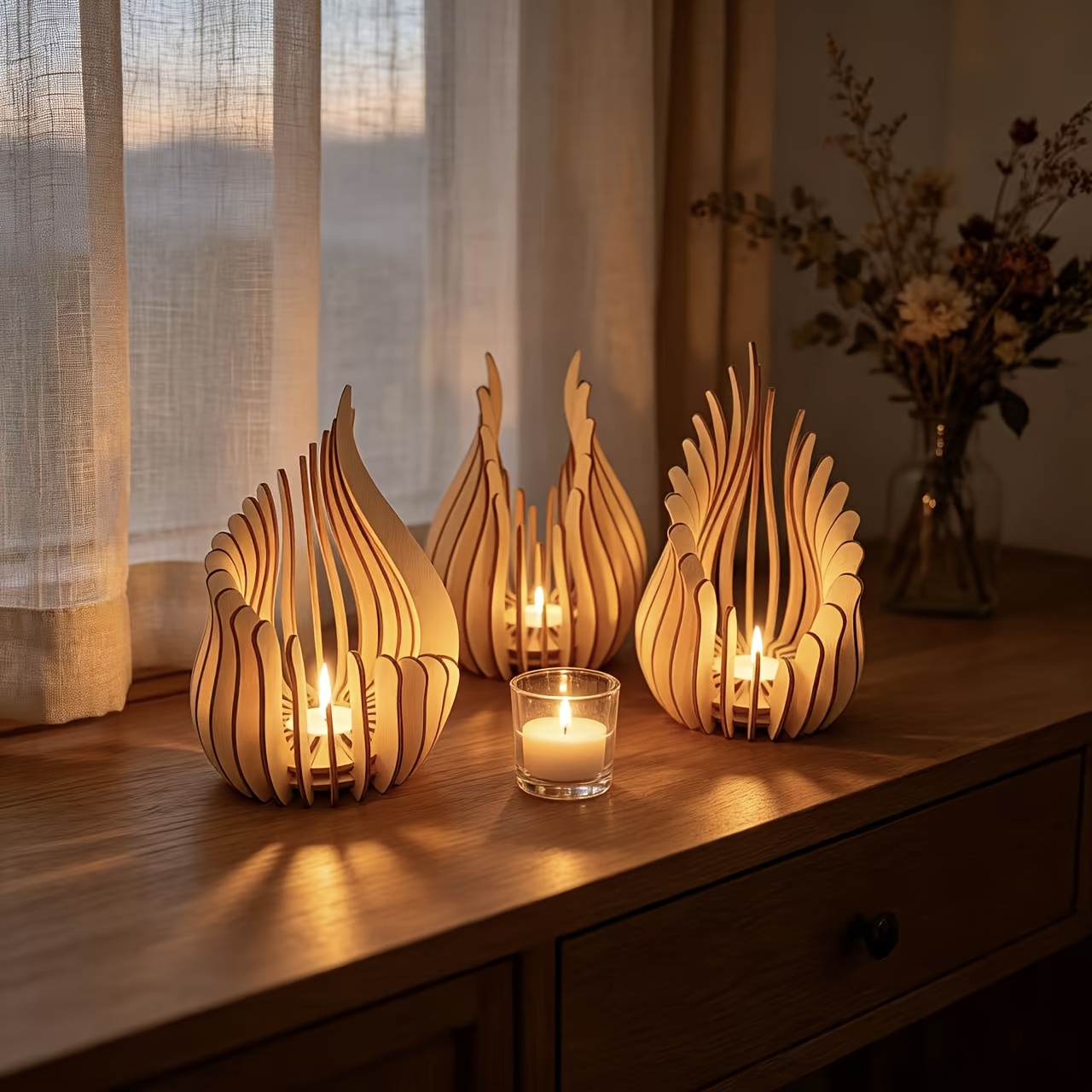 TEMU Wood Minimalist Flame Cutout Candle Holder - Tabletop Centerpiece With Suitable For Living Room & Bedroom, Modern Rustic Decor, Flame-shaped