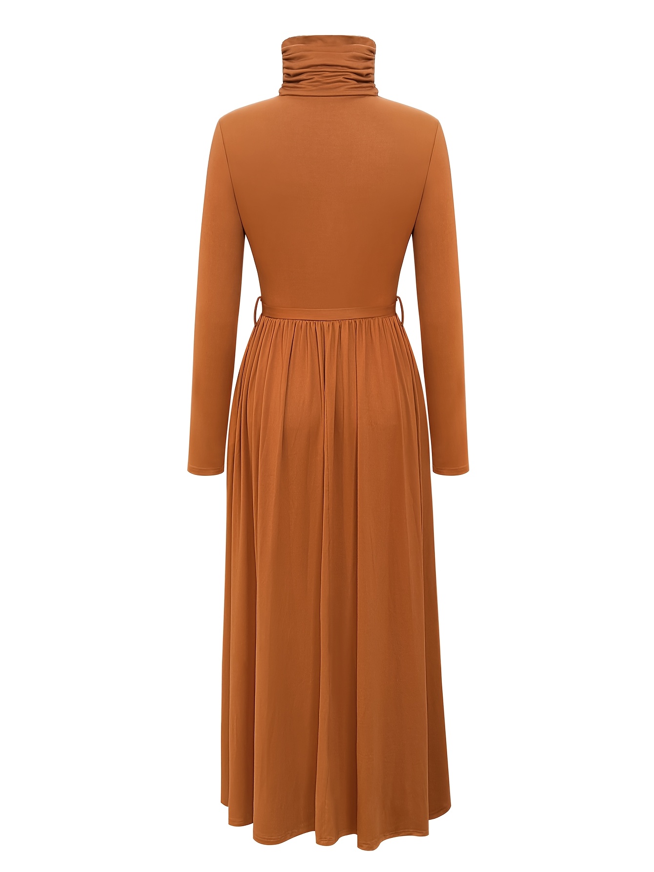 fall winter solid color high neck long sleeve dress waist - Temu