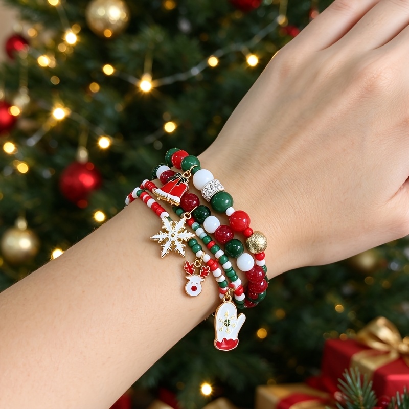 TEMU A Set Of 4 Christmas Charm Bracelets - Lovely Festive Santa Claus, Reindeer, Glove Pendants, Suitable For Daily Wear - Holiday Gift Universal