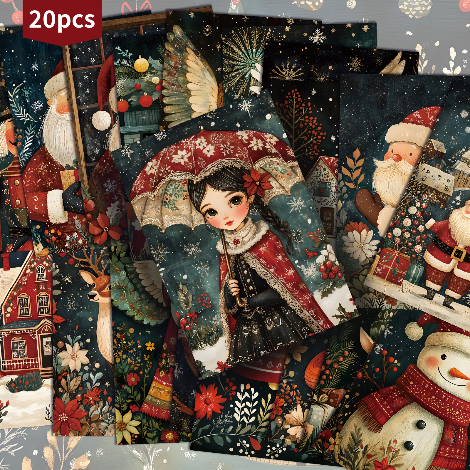 TEMU 20 Stuks Kerst Decoratieve Schilderij Papieren Ansichtkaarten - 4x6 Inch Kerst Junk Journal Papier, Klassieke Pinup Illustraties, Verzamelbare