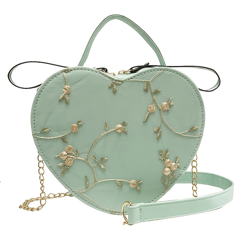 TEMU 1pc Floral Heart Crossbody Bag For Women, Stylish Pu Satchel With Zipper Closure, Pink Or Green Embroidered Design, Perfect For Casual And