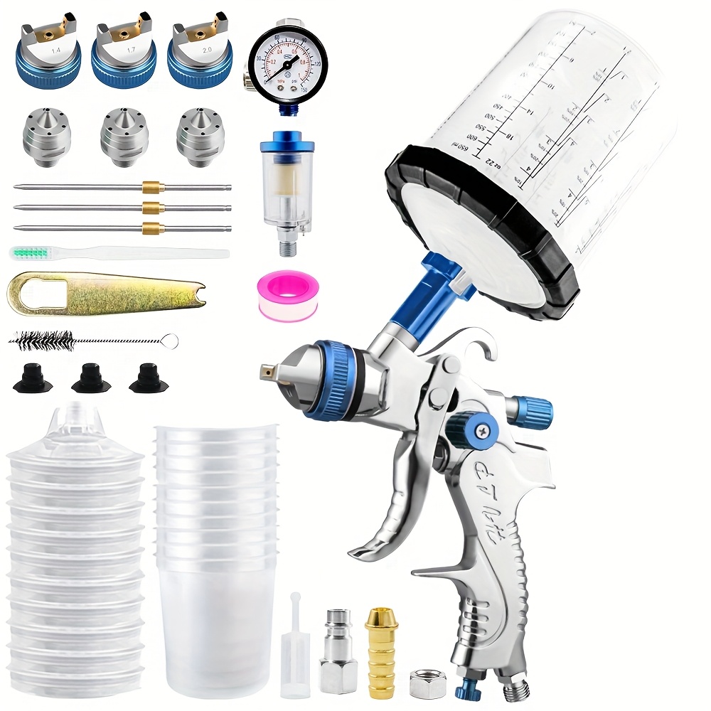 TEMU Hvlp Air Spray Gun H2008 Pneumatic Spray Gun With 1.4/1.7/2.0mm Nozzle, 650ml Non-washable Cup, Air Pressure Gauge And Oil-water Filter, Low Air