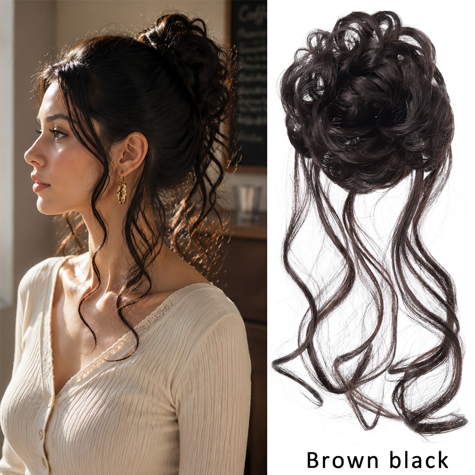 TEMU Synthetic Elegant Messy Curly Elastic Rubber Band Hair Bun Fluffy Easy To Style Suitable For Women Daily Party Halloween And Christmas New Year