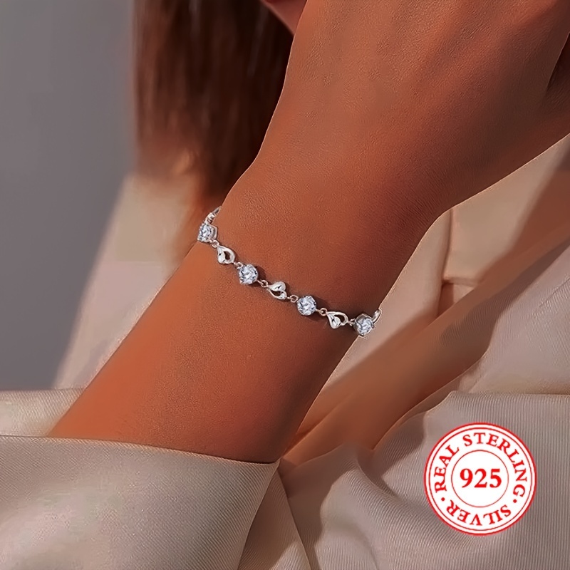 

S925 Sterling Silver Charm Bracelet Inlaid Zircon Ocean Style Love Heart Charm Bracelet For Women Classic And Elegant Style 5.5g/0.194oz