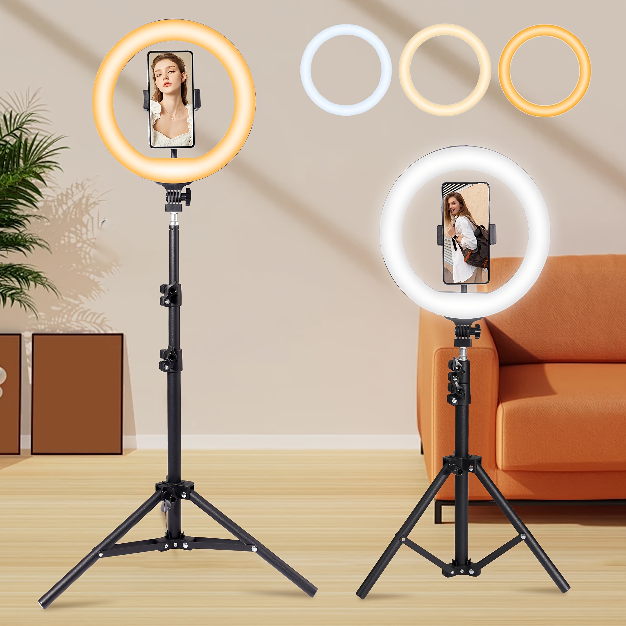TEMU 1.1-meter (43 Inch) Floor Standing Metal Tripod, Equipped With Upgraded 10 Inch Circular Lights, Light Beads, Compatible With Laptop Usb Lights,