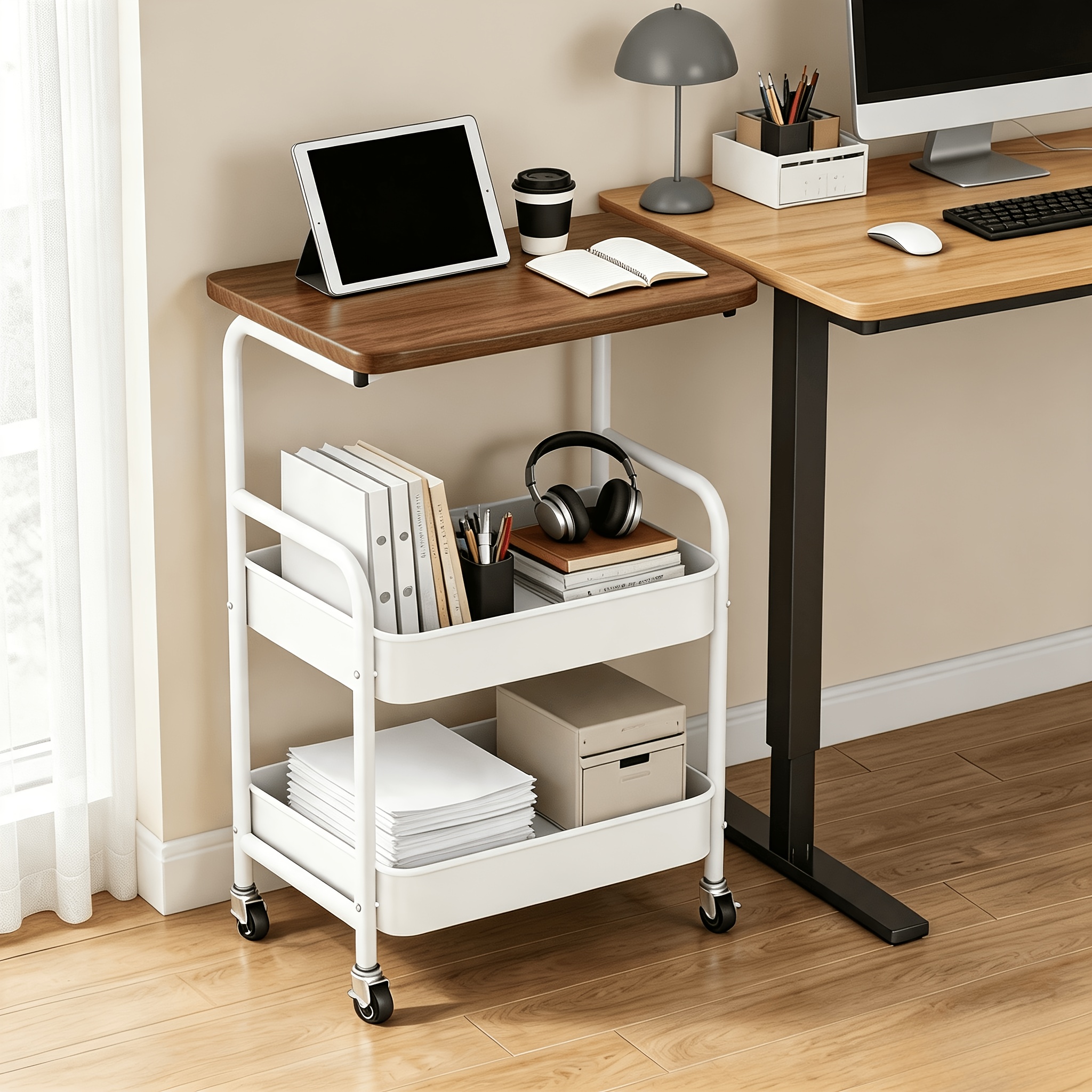 TEMU Three-tier Metal Utility Cart, Metal Storage Rack, Rolling Cart With Wooden Tabletop, Multifunctional Storage Rack With Wheels, Durable ,