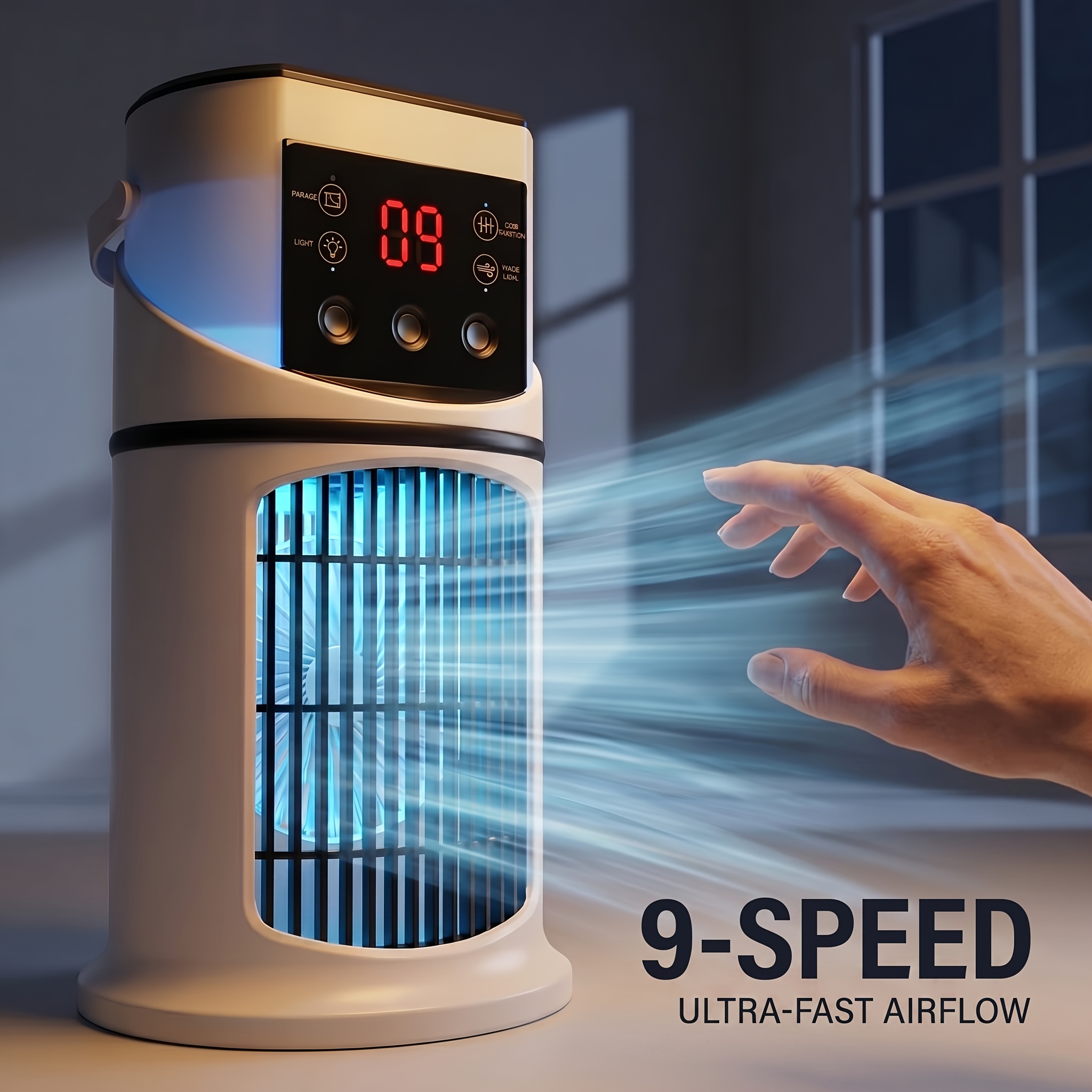 1 Set de ventilateur de refroidissement portable 3-en-1 avec lumière d'ambiance LED et 9 vitesses, équipé de 2 blocs de glace et d'un poignard en cuir, refroidisseur de brume humidificateur polyvalent