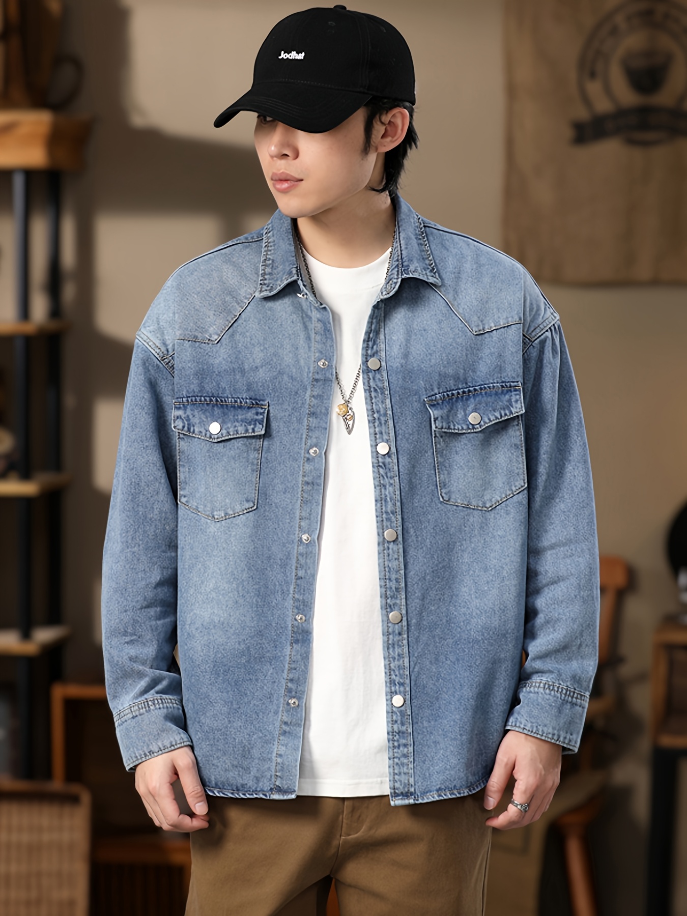 men's denim shirt solid color thick long sleeve button down shirt