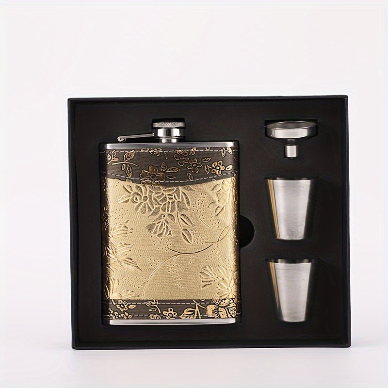 TEMU 1 Set Of Wine Pot Stainless Steel Wine Pot Set Portable Gift Box Leather Kettle Wine Glass Funnel Gift Box Portable Outdoor Household Wine Glass