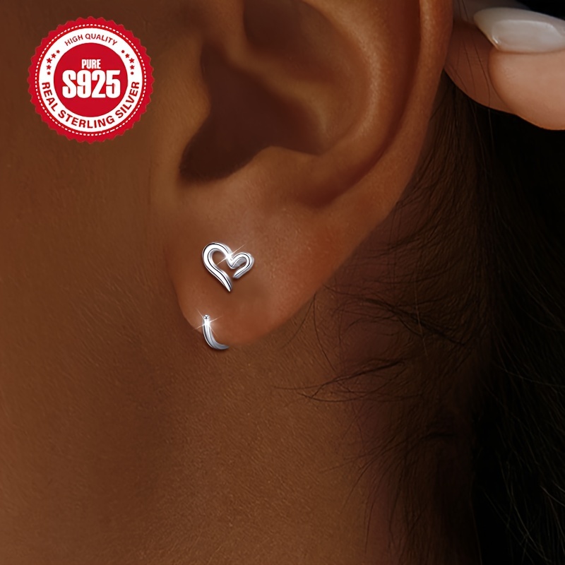 TEMU 1 Pair S925 Sterling Silver Heart-shaped Hollow Hoop Earrings, Simple And Cute, Hypoallergenic, Lightweight, Perfect For Daily Wear And Gift-, ,