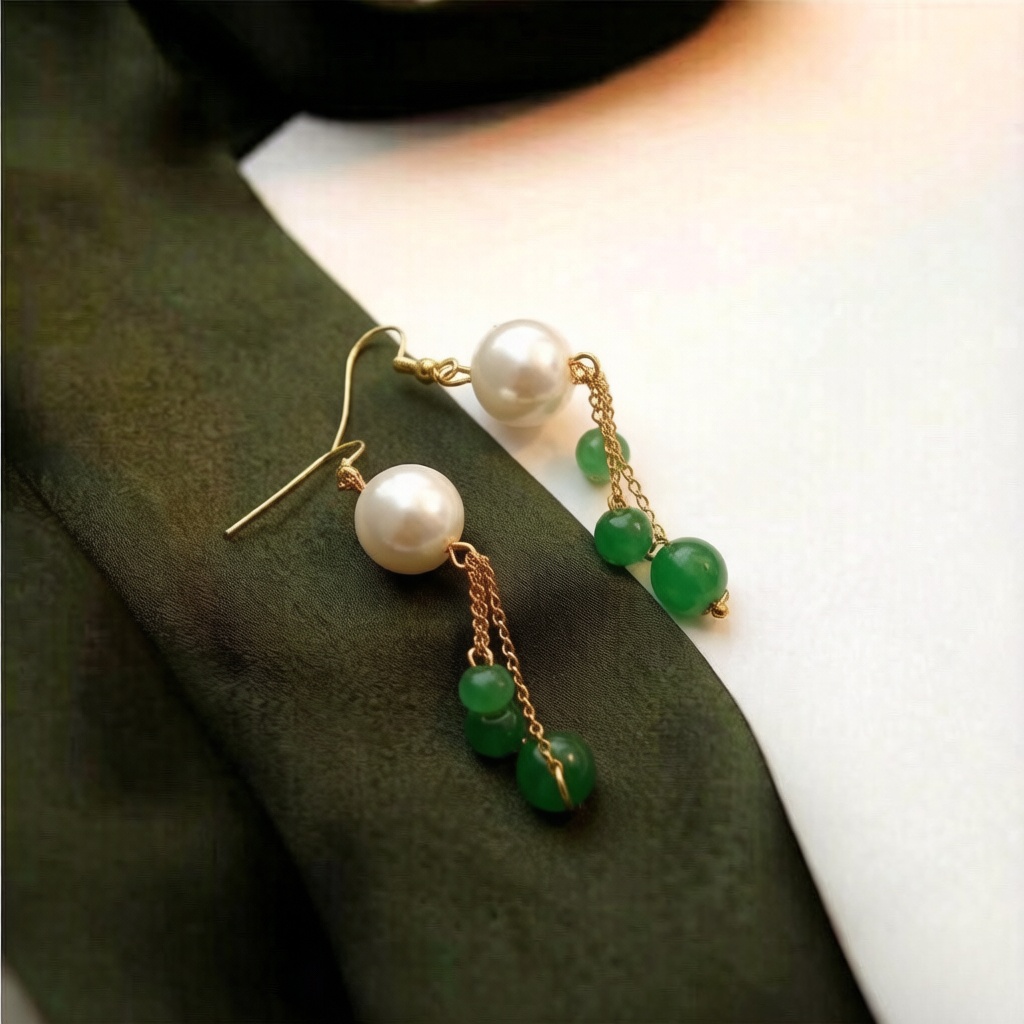 Women's Green Bead Tassel Earrings with Asymmetrical Design
