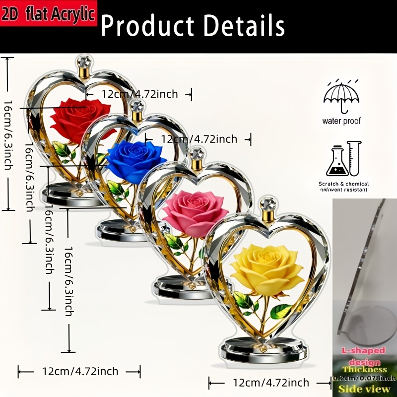 E-shop 4er-Set Herz-Rose dekorative Schreibtisch-Ornamente für Zuhause, 2D-flach bedruckt, . L-förmiges Design, mehrere einzigartige Darstellungsstile