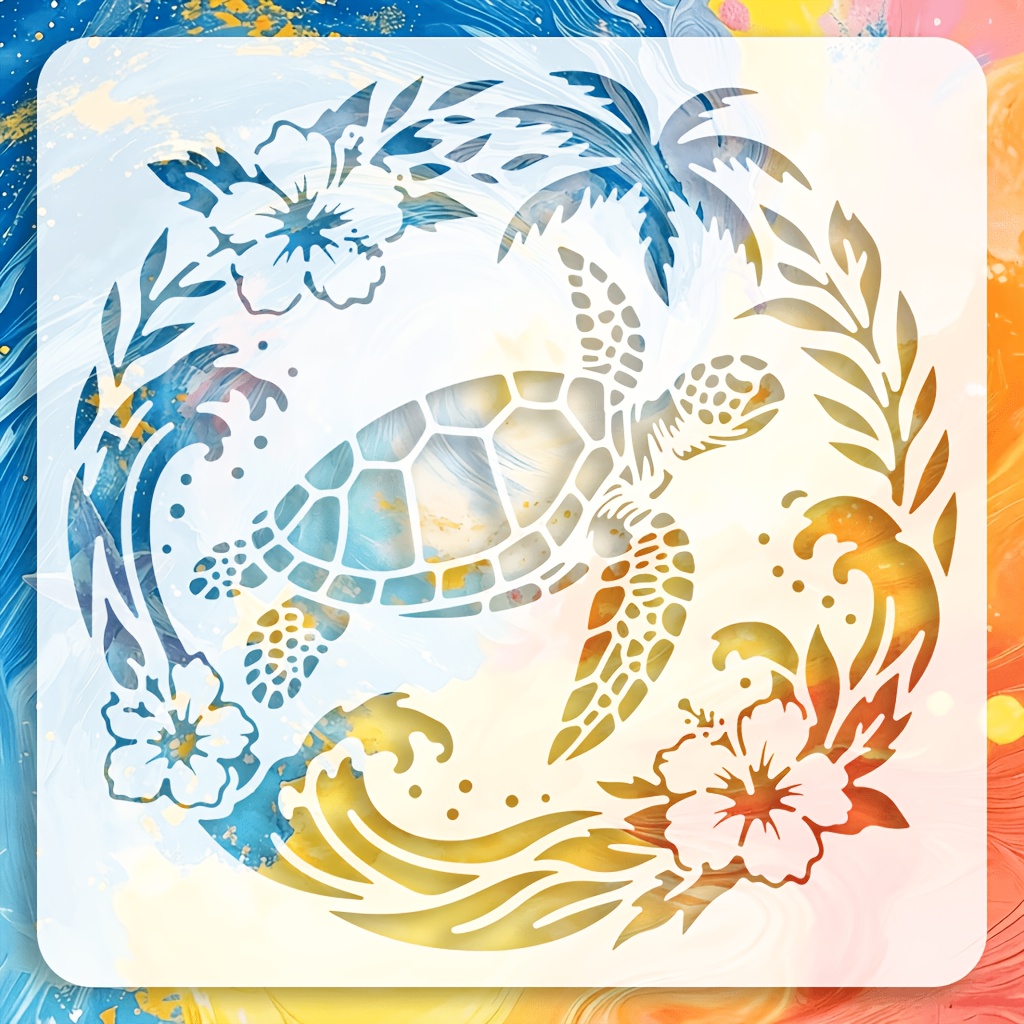 TEMU Pochoir de découpe laser réutilisable et lavable à de 30cm×30cm (11.81x11.81inch), motif tropical hawaïen océanique avec tortue, , plumeria,