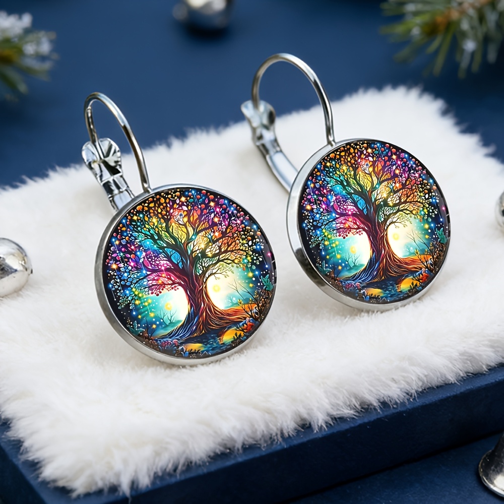 TEMU Boucles d'oreilles Arbre de Vie Couleurs, Matériau en alliage, Incrustation de verre, Cadeaux de mode pour femmes, Convient pour un usage avec