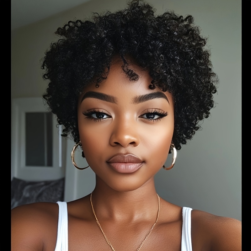 TEMU Hair Elegant Short Bob Wig With Bangs - 120% Density Afro Synthetic Wig For Women, Natural-looking Black Curly Wig For Christmas Parties & Music Festivals