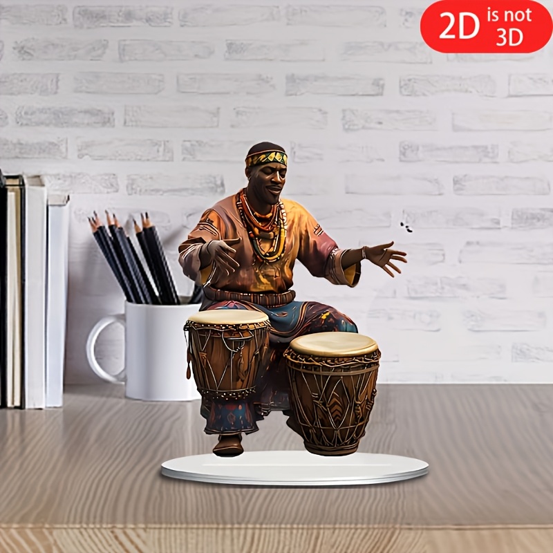 

2d Flat, 1pc Vibrant African Drummer Acrylic Desktop Ornament, 7.87" X 5.51" - Bohemian Style, Traditional Attire Design - Ideal For Home, Office, Bookshelf For , African Home Decor