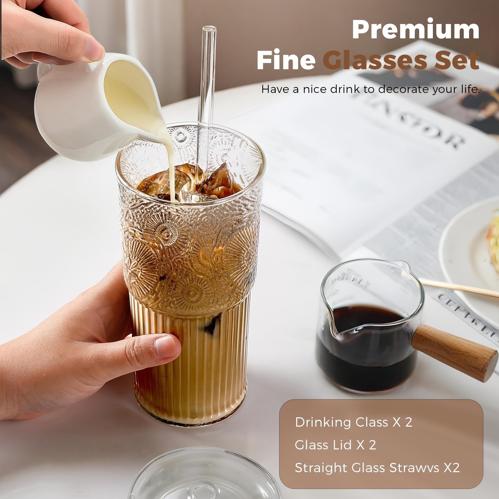 2 pack 20oz borosilicate glass cups with lids and glass straws clear vintage drinking glasses for coffee juice milk and water durable heat resistant glassware for   use Product details 3