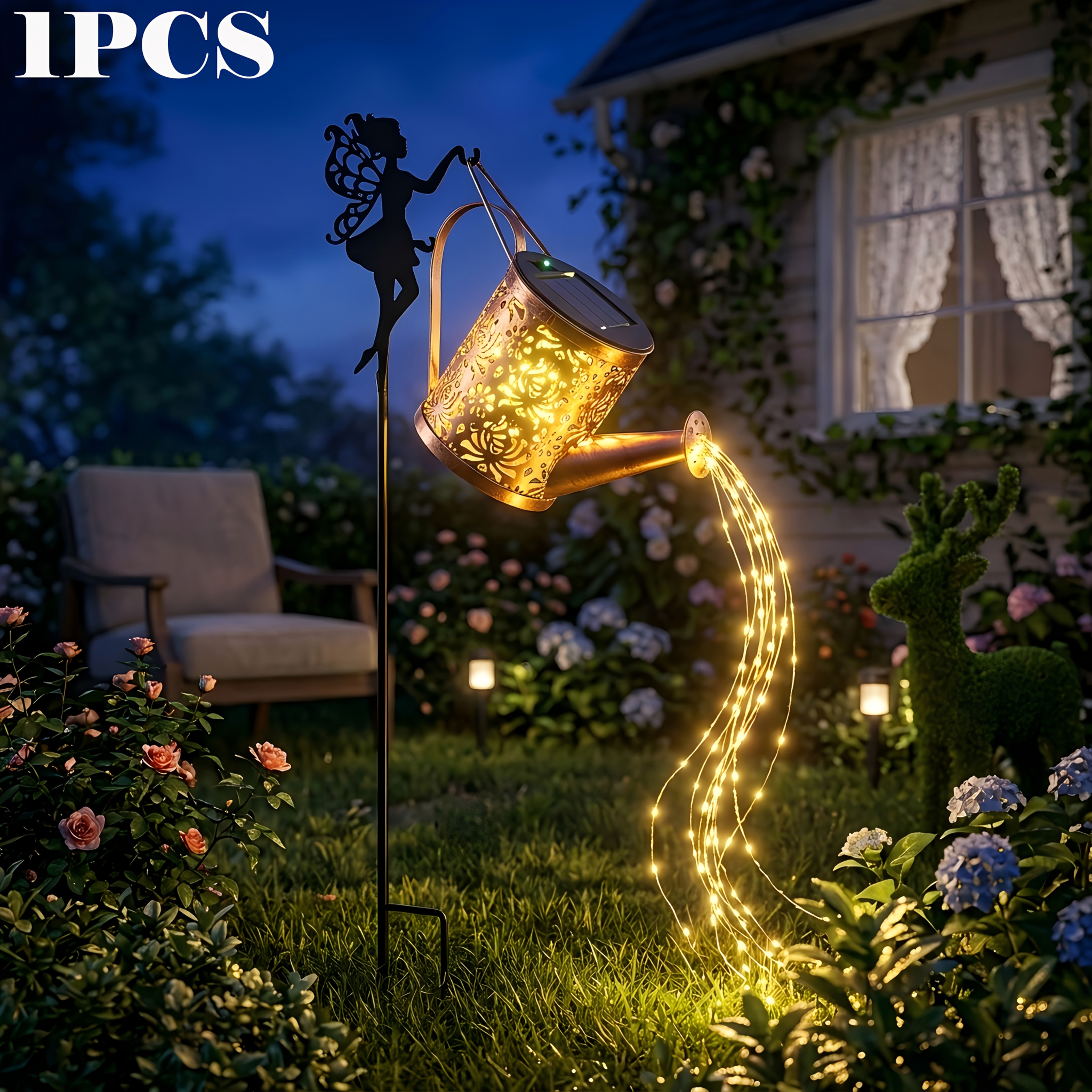 TEMU Outdoor Solar Fairy Kettle Light, Led Flowing Watering Light Solar Pendant Light, 1000lm Solar Garden Lamp Ip65 Solar Light Outdoor, Auto , Rose