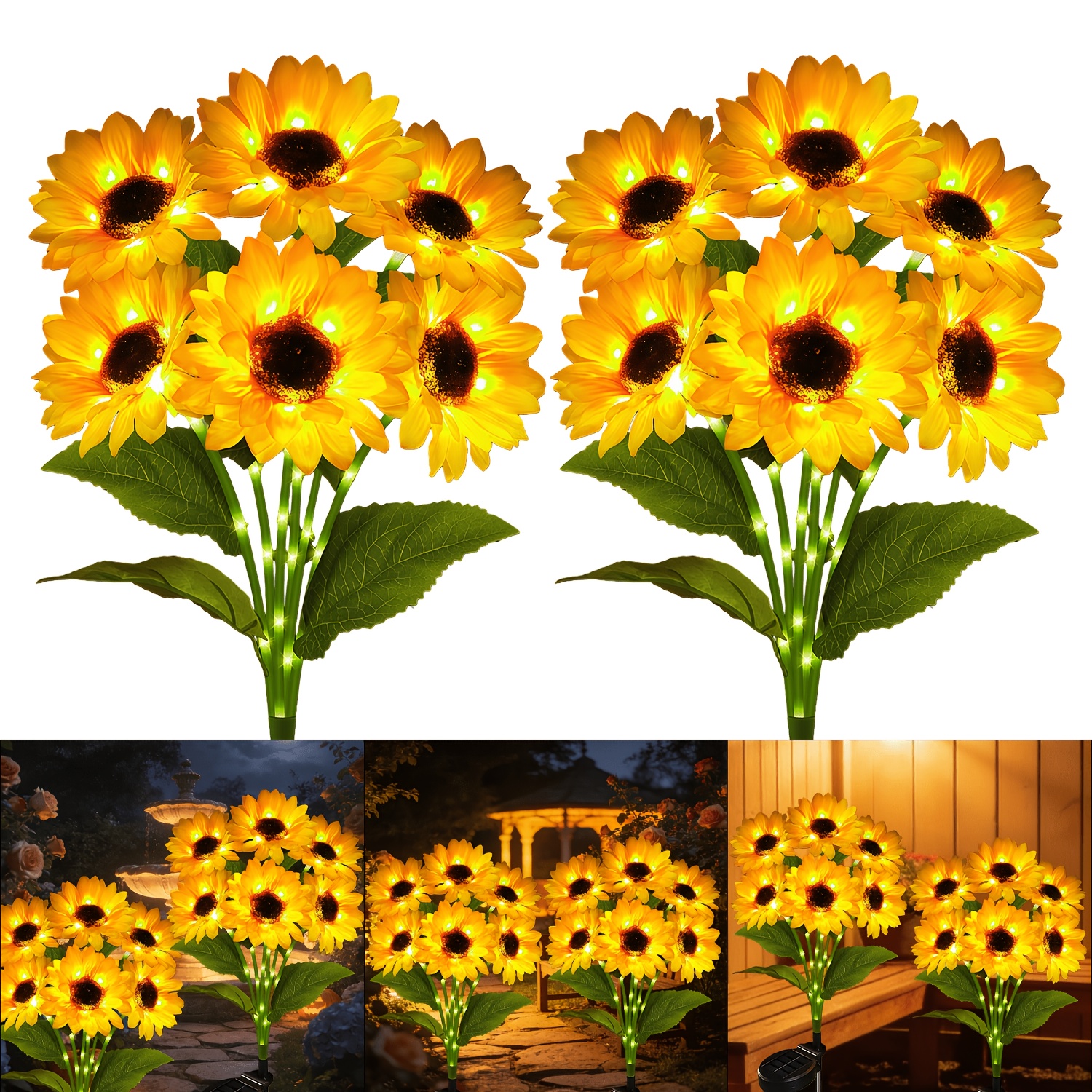 TEMU 2 Pack Solar Intelligent Light Sensing Sunflower Led Garden Light, Consisting Of 12 Lifelike Artificial Sunflowers, Made Of Abs Material, With