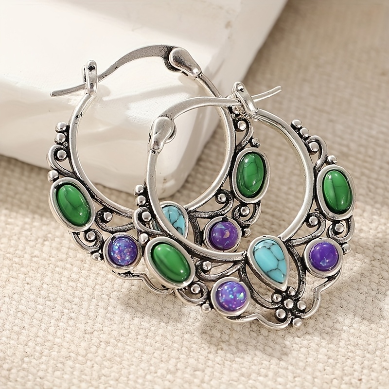 E-shop Charm Silberfarbene Damen Ohrstecker Ohrringe Synthetische Bunte Synthetische Türkis Ohrstecker Reifen Ohrringe für Frauen Böhmen Ohrringe