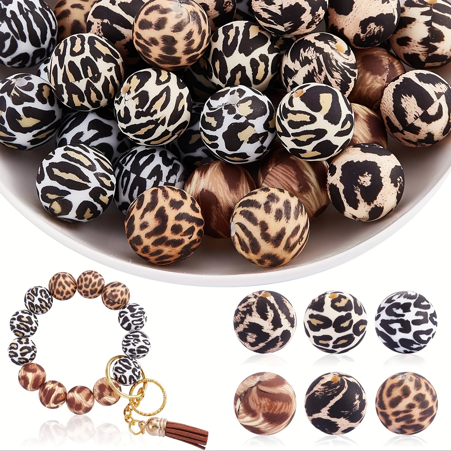 

60 Pcs 15mm Leopard Print Silicone Beads Loose Silicone Beads Kit Leopard Print Silicone Beads For Keychain Making Bracelet Necklace