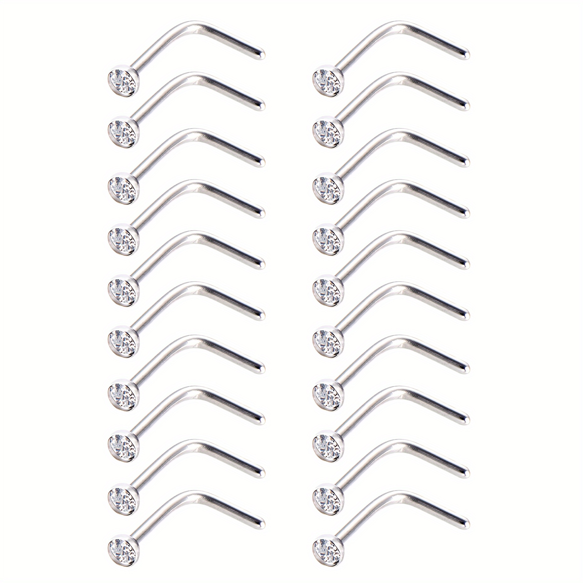 

20-pack Elegant Stainless Steel L-shaped Nose Studs With Rhinestone Inlay, No Plating - Suitable For Daily Wear And Gift-giving, All Seasons Compatible