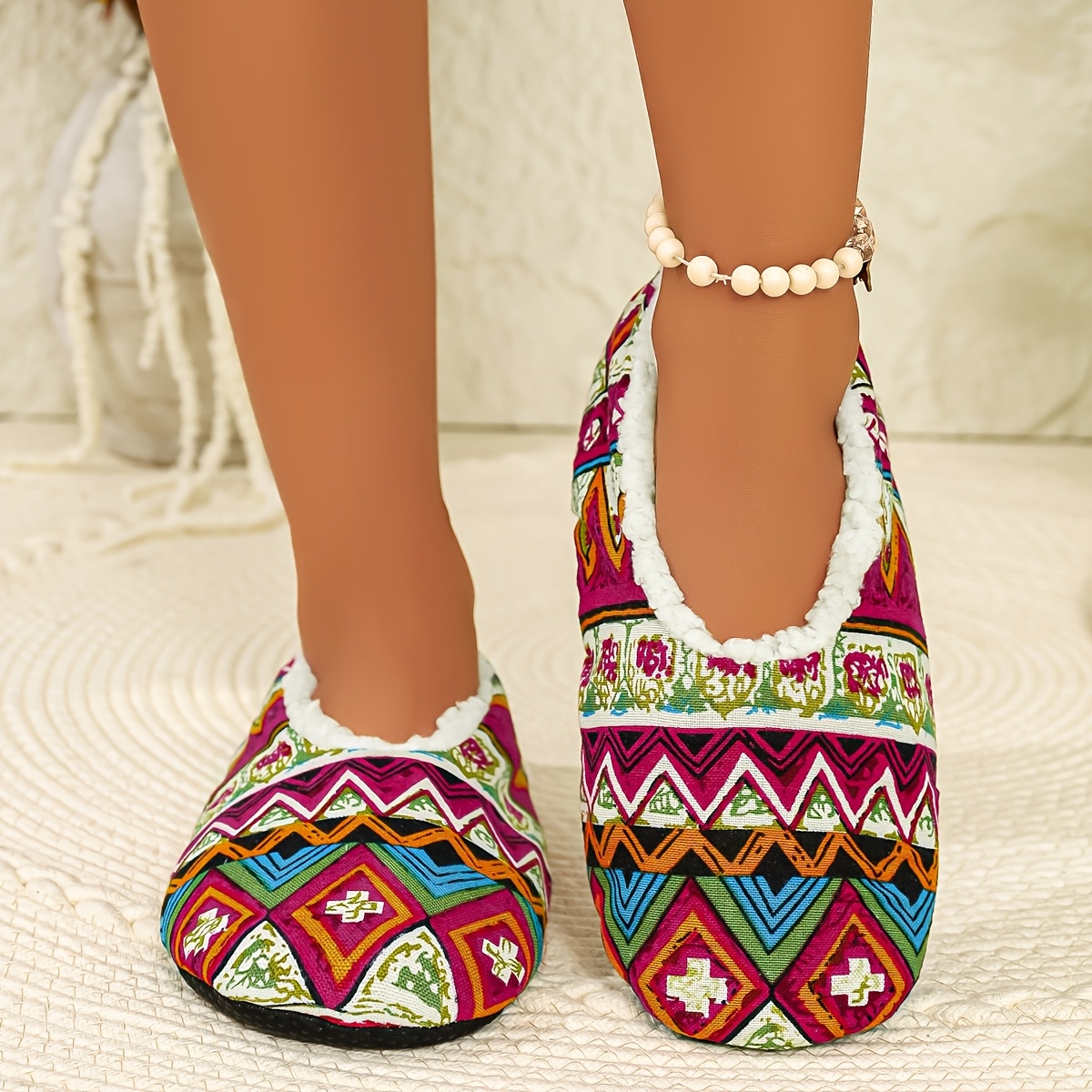 TEMU Bohemian Vintage Slippers - Wide Width Suitable For Home Warmth & , Soft Fluffy With Cushioned Sole, - Sneakers For Carpeted Floors (hand