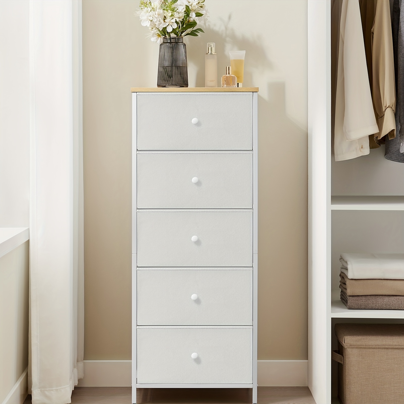 Image of Chest Of Drawers Bedroom Drawer Storage Unit Dresser With 5 Fabric Drawers Metal Frame Tall And Slim For Closet, Storage Drawer Units