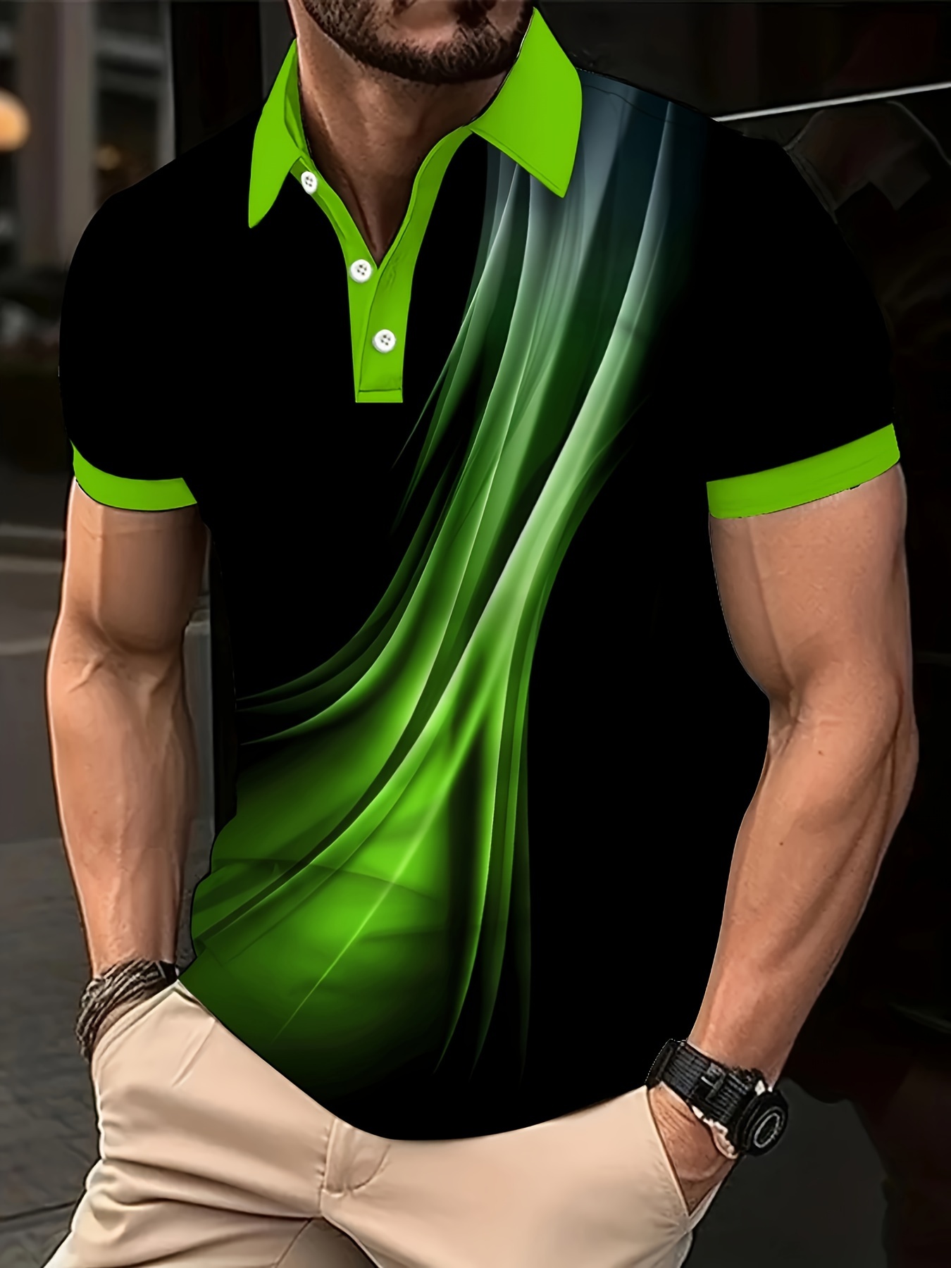 Plus Size Men's Golf T-shirt, Popular Retro Style Blue Lines Geometric Elements Design Print Short Sleeve Tennis Tees For Summer, Casual Trendy Tops For Males, Leisurewear For Big & Tall Guys