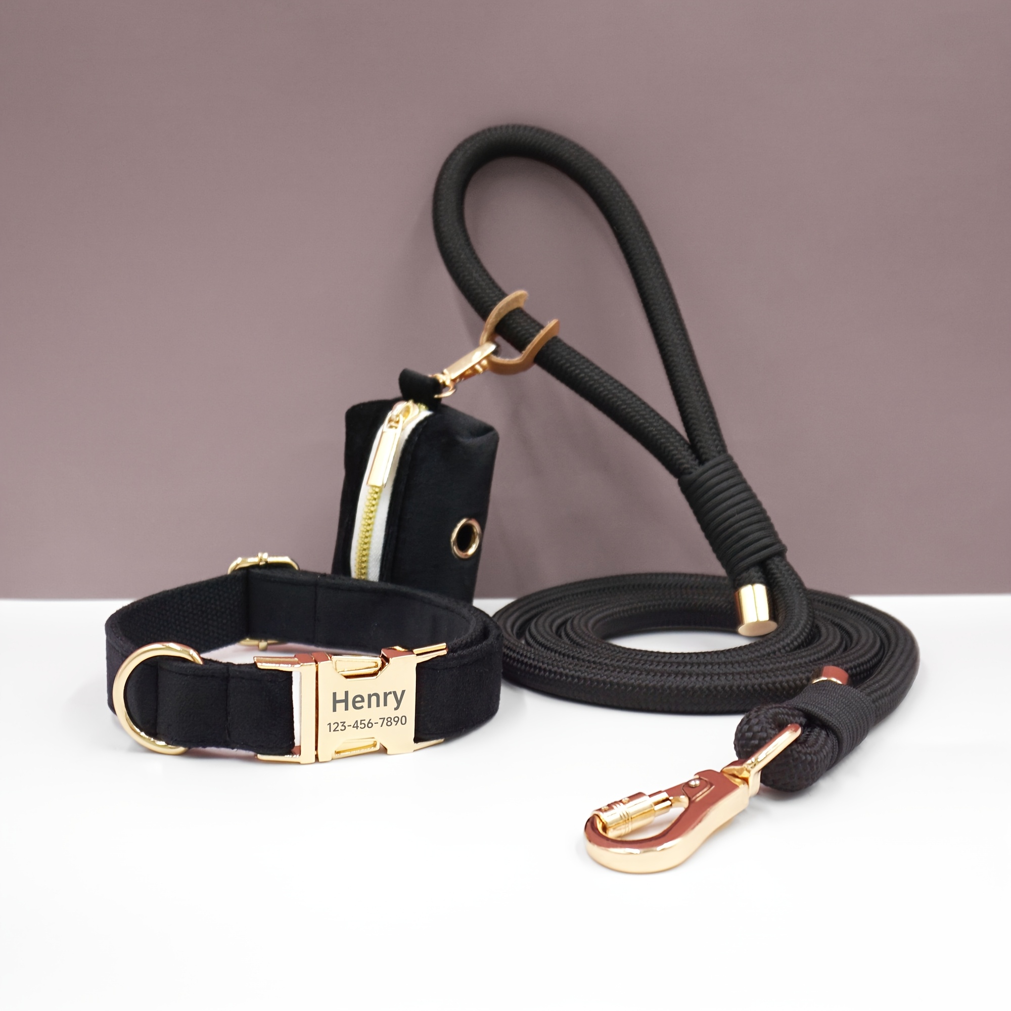 Customizable Soft and Comfortable Velvet Pet Dog Collar with High-Tensile Zinc Alloy Hook Buckle, Hand-Woven Round Rope Waste Bag Set. Free Laser Engraving of Pet Dog's Name and Owner's Phone Number. Dog Birthday Gift, Wedding Gift, Christmas Gift