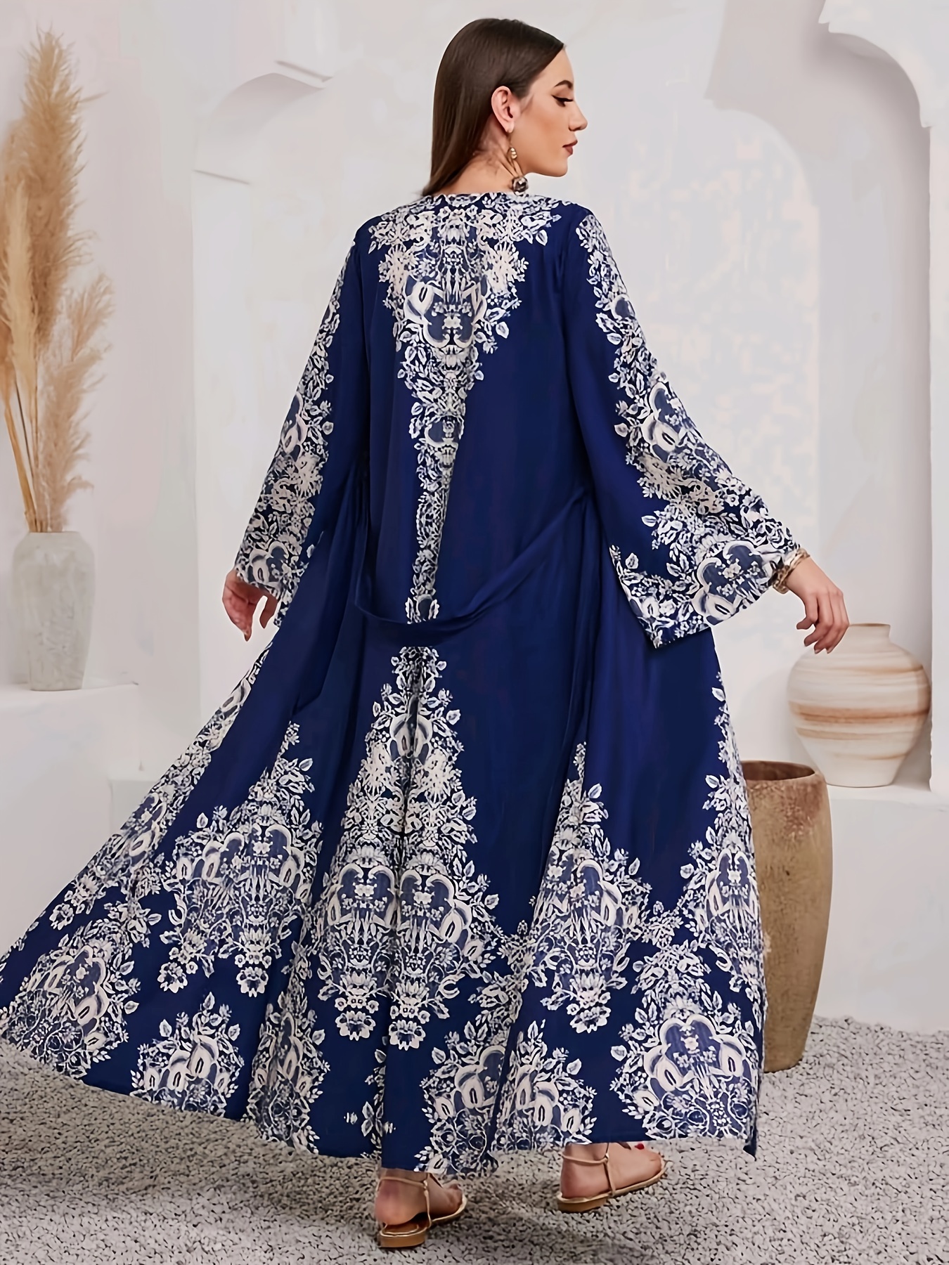 knee length dresses for ladies Women Ramadan Dress 3/4 Sleeves V-Neck Loose Long Dress Print Arab Rob –  Fabulive main image 1