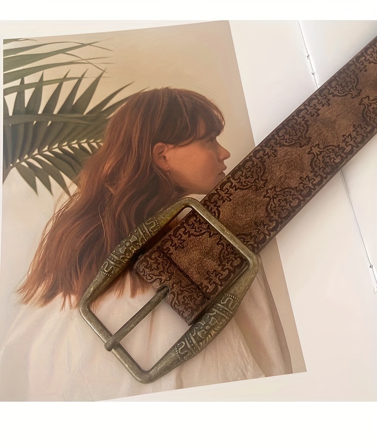 vintage western embossed brown pu leather belt for women casual festival party and   details 4