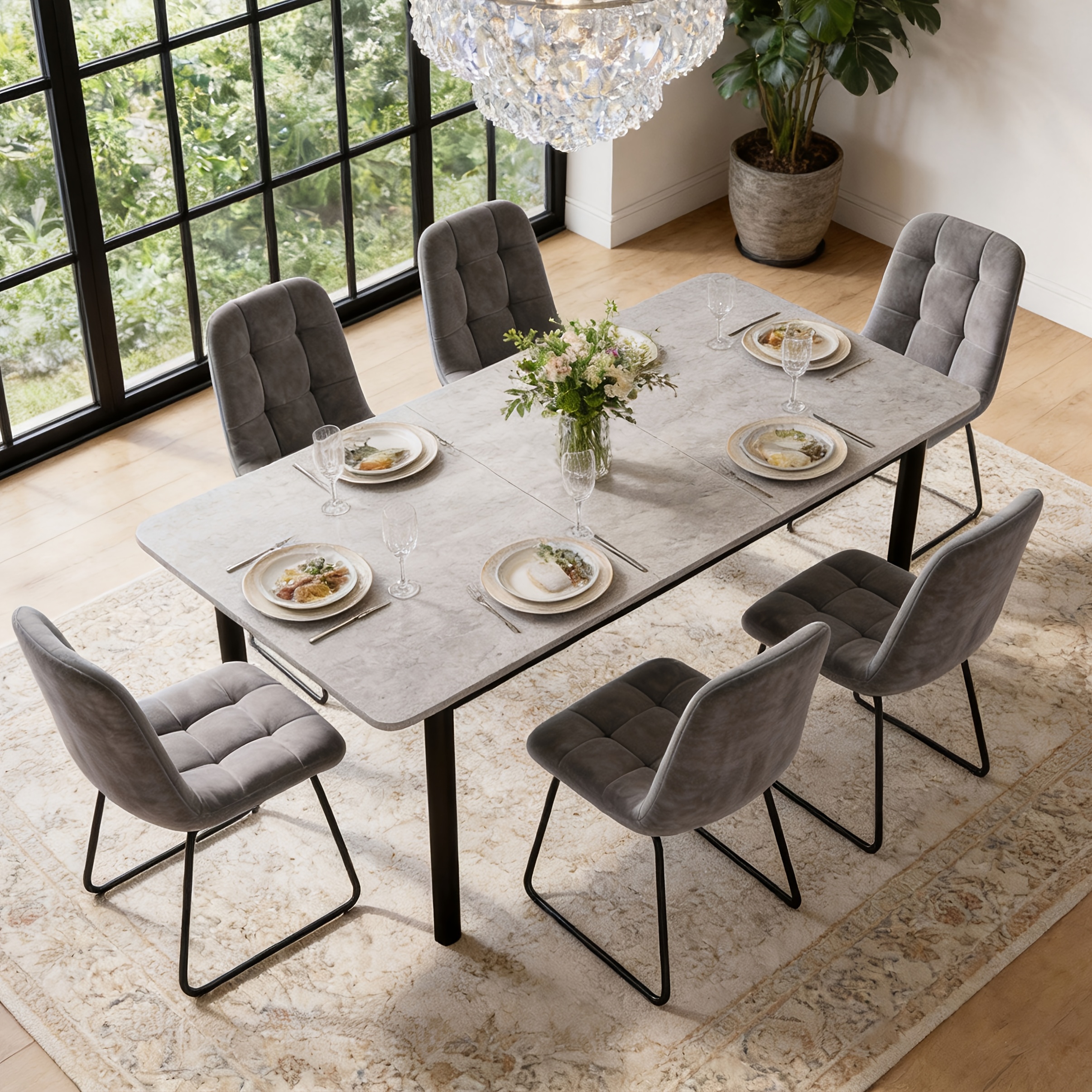 Image of 6 Chairs 160-200cm Telescopic Table Flannel High-back Chair Mdf Tabletop Dining Room Living Room Conference Room