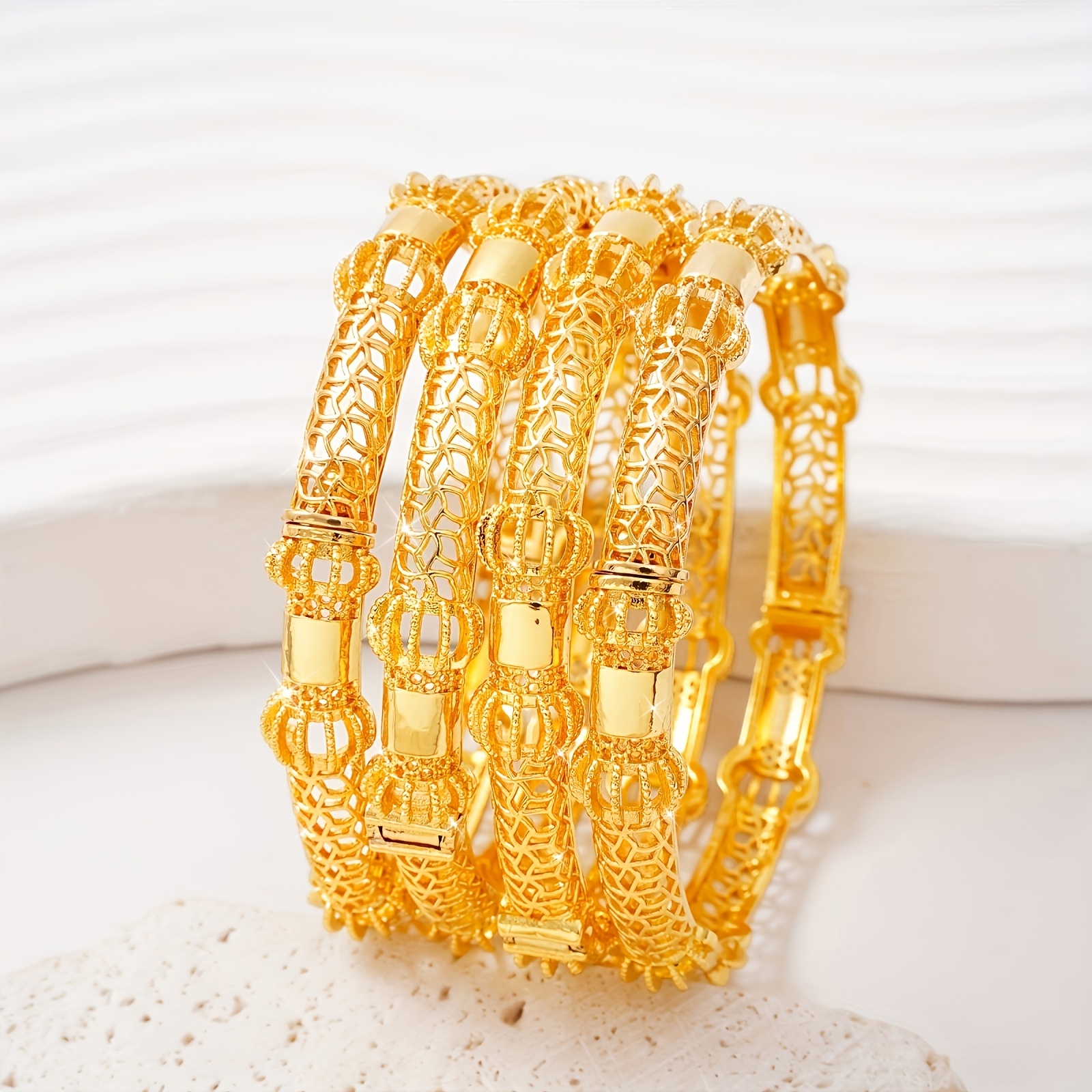 2pcs Elegant Golden Openwork Bangle Bracelets, Festive Gift