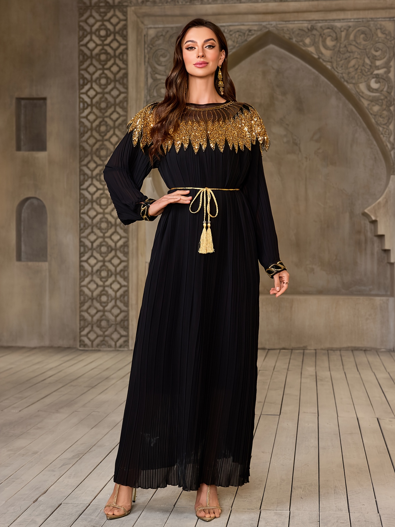 Arabic Court-Style Golden- Detachable Collar * Chiffon Dress, Luxurious  Draped Pleated Gown, Golden Tassel Waist Cord Robe for Ramadan, Eid  Al-Fitr, Eid *