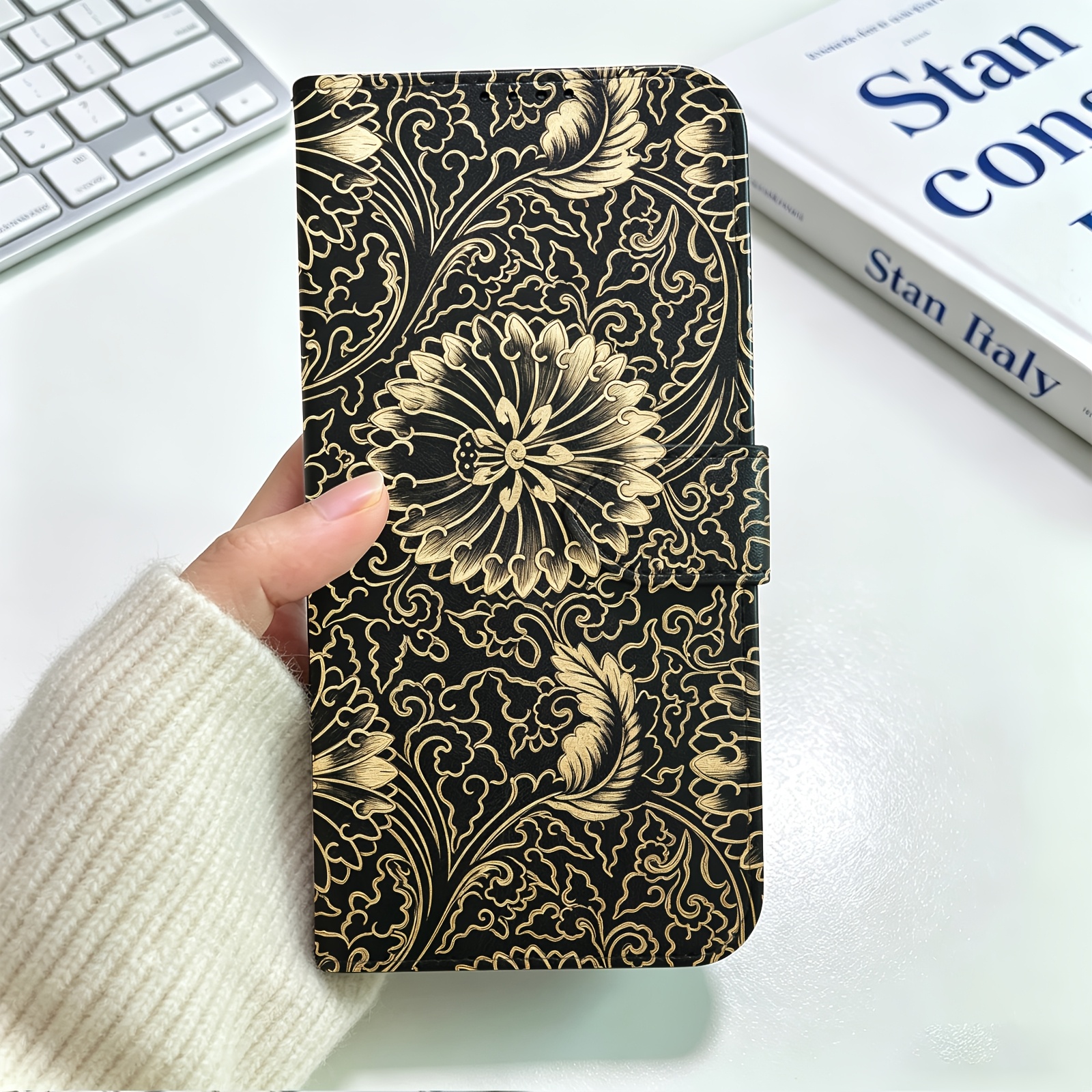 TEMU Phone Case: 2d Golden Floral Black Pattern Synthetic Leather Wallet Phone Case For Iphone 6/7/8/9/11/13/14/se2/se3/se (2020)/se