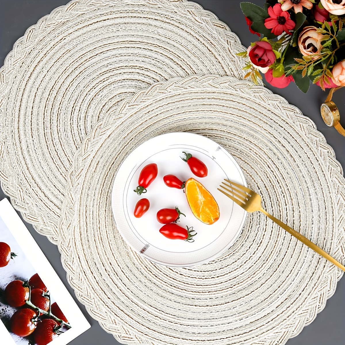 

4 Pcs Non-slip Round Woven Coaster Pad - Kitchen Accessories, Dining Table Placemat, Napkin For Table, Party - Hand Wash Only, Viscose Material, Round Shape, Knit Fabric