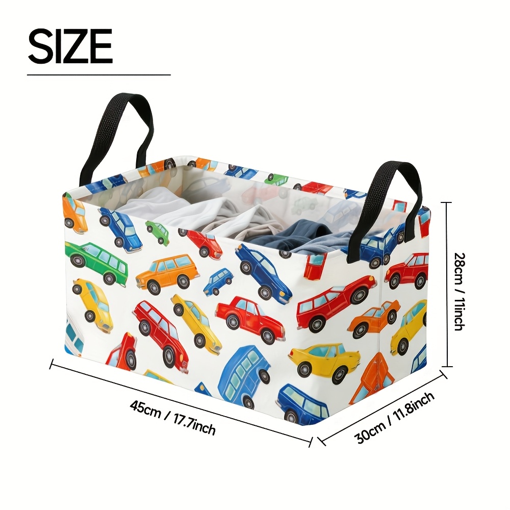 TEMU 1 Pack, Large Cute Vehicle Theme Colorful Storage Basket, Square Oxford Cloth Storage Box With Metal Frame, Laundry Basket For Organizing Beach